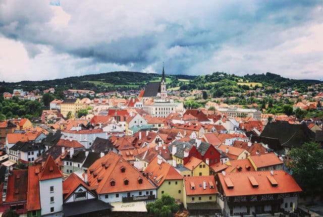Český Krumlov castle and old town aerial view — day trip from Prague