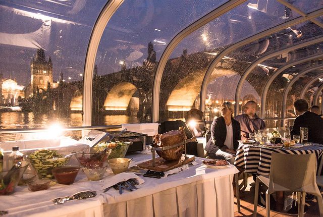 prague-dinner-cruise-buffet-table-vltava-evening